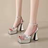 Women's Heeled Shoes Silver French Style High-heeled Sandals Shoes for Women Summer New Shallow Mouth Square Toe Sandalias Mujer