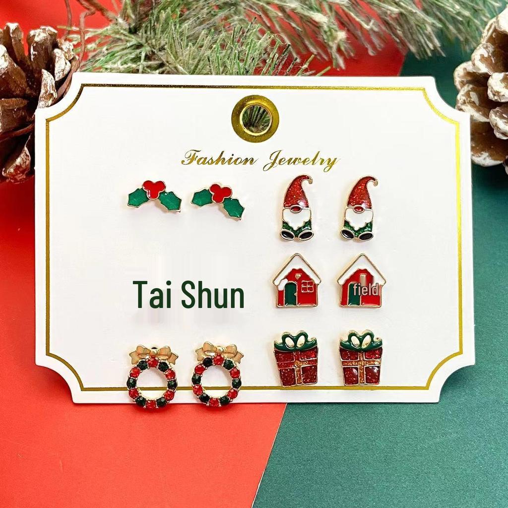 Festive Christmas Earrings Set: Creative Reindeer, Snowflake & Santa Claus Studs for Women