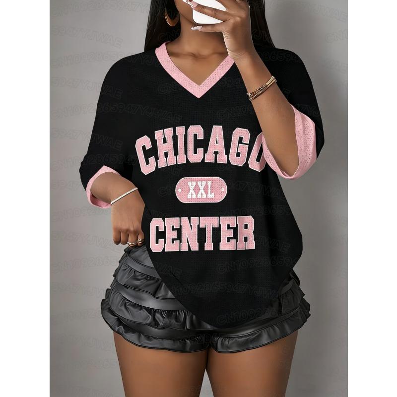 Women's Chicago Letter Print V-Neck Short Sleeve T-Shirt Summer Tee Hole Mesh Jerseys Plus Size Sport T-Shirt