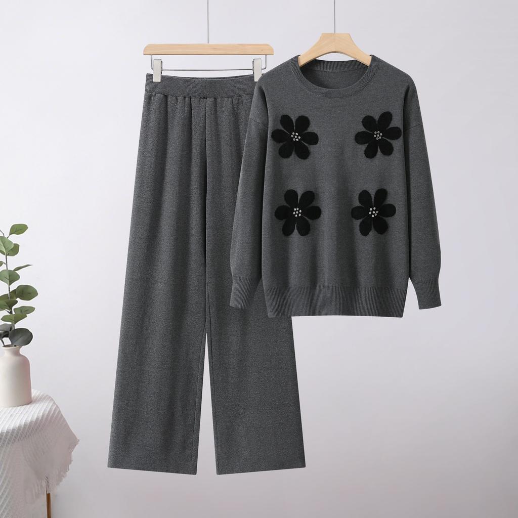Fashion Casual Knitted Suit Pants Loose Sweater Wide Leg Pants Trousers Two-piece Daily Wear