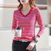 Women's Fall and Winter Bottom Shirt V-neck Striped Long Sleeve Pullover