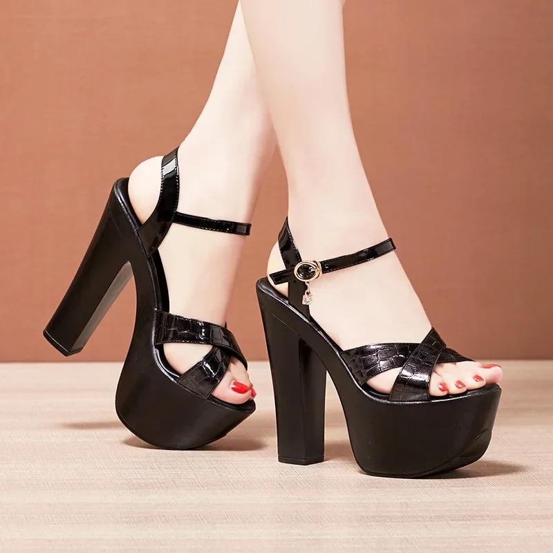 15cm Small Size 32-43 Extreme Block High Heels Sandals Summer 2025 Women's Chunky Platform Sandals for Office Model Party
