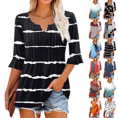 3/4 рукава топы для женщин повседневные оборки V-образный вырез футболки рабочие блузки нарядные туники топы