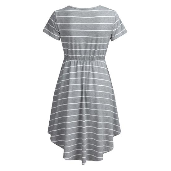 Summer Mother Breastfeeding Dress Openable Front Striped Round Neck Irregular Hem Short Sleeve Pregnant Women Nightdress Midi Dress