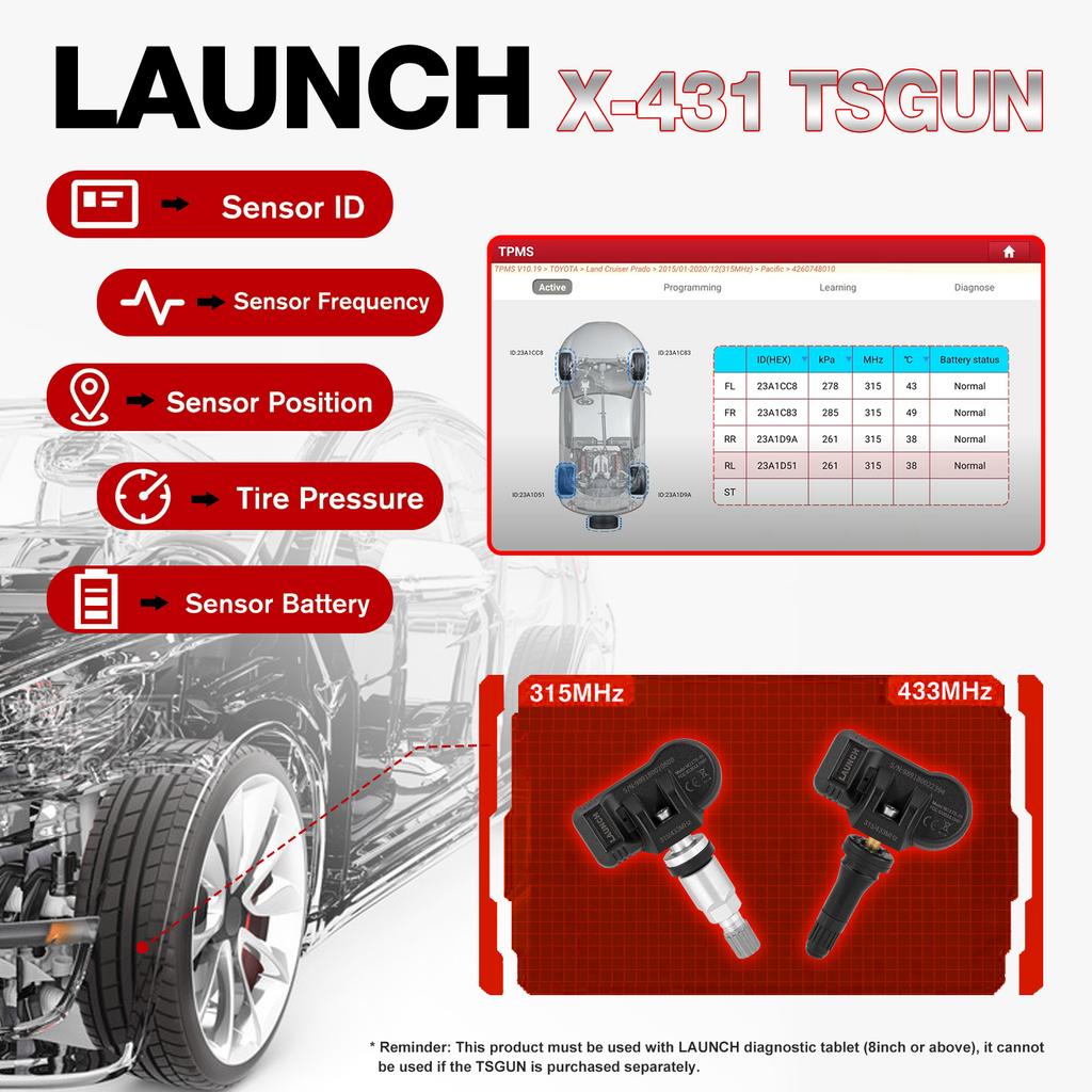 Launch X431 TSGUN TPMS 315/433 МГц 2-в-1 RF-сенсор X-431 TSGUN Детектор датчика давления в шинах автомобиля Инструмент для программирования и диагностики