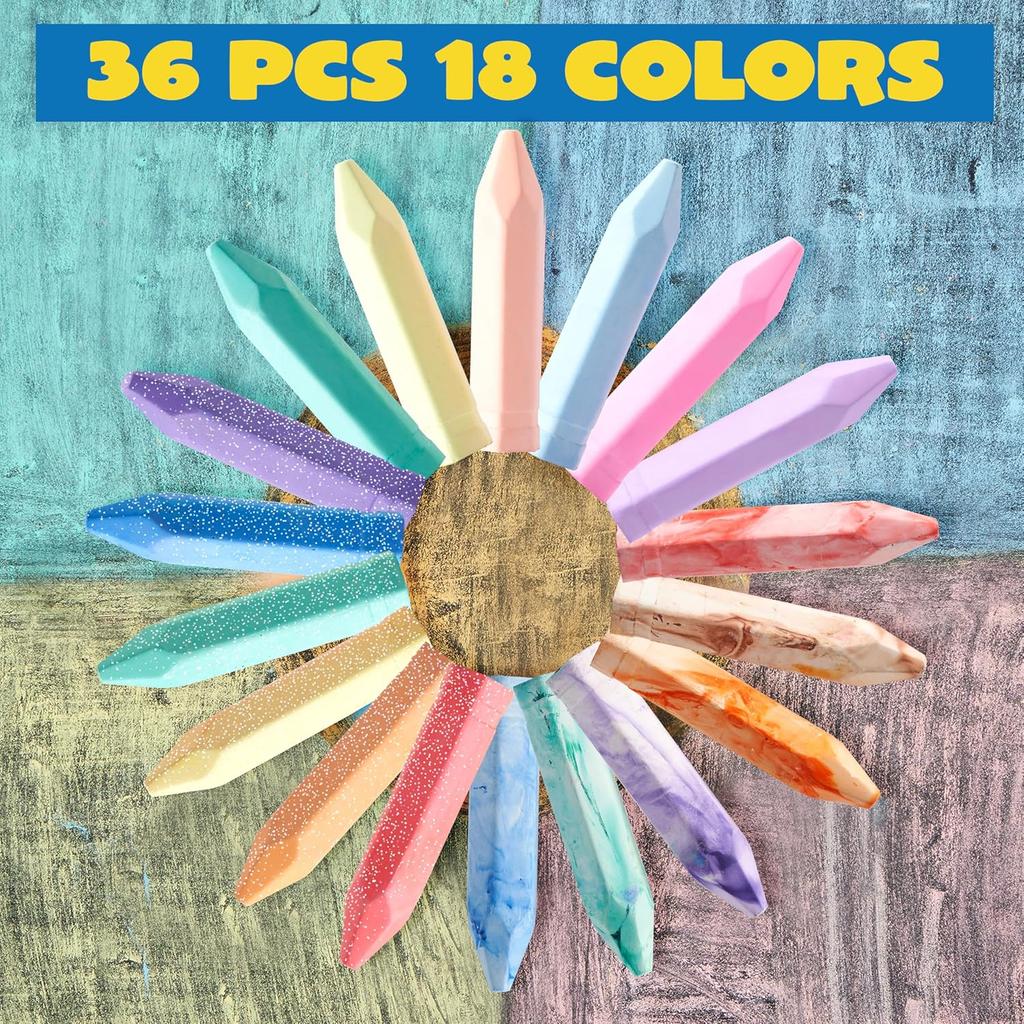 JOYFY 36 PCS Washable Sidewalk Chalks Set in 6 Packs 18 Colors Including 12 Tie Dye 12 Glitter & 12 Neon Color Outdoor Chalks