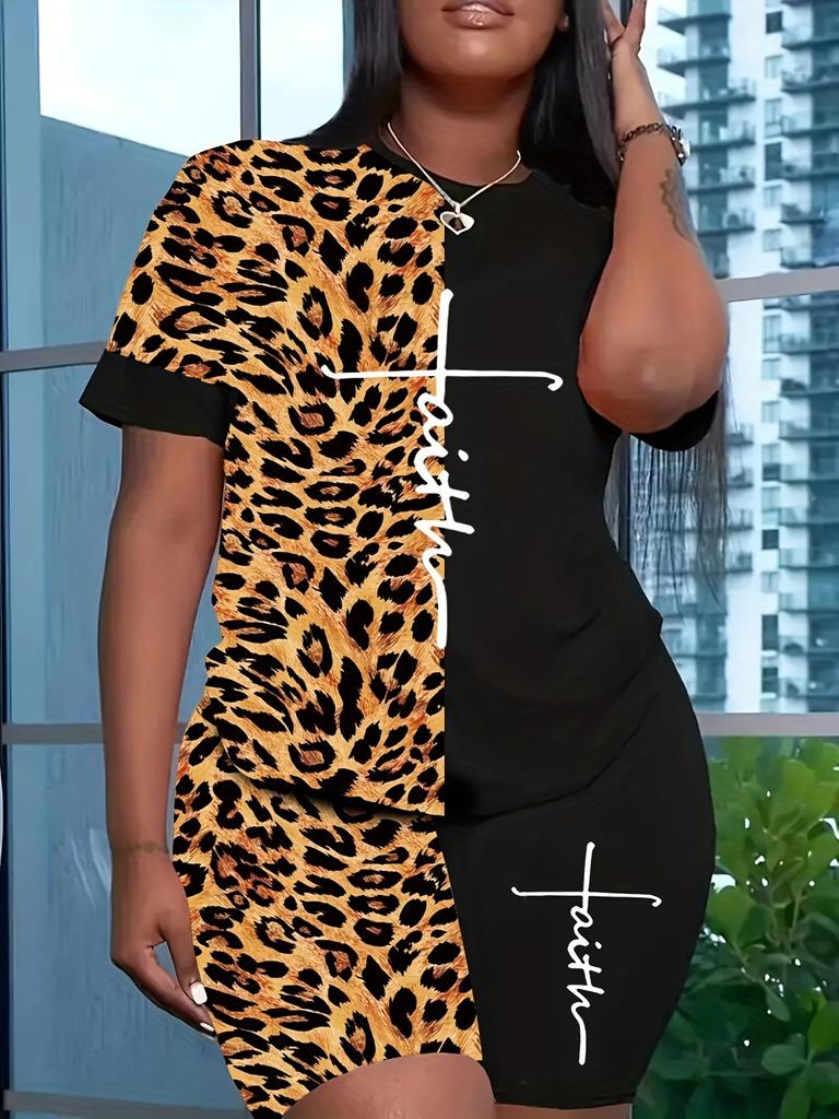 Леопардовый принт плюс размер летние модные наряды женский комплект из 2 предметов леопардовый с буквенным принтом свободные футболки с коротким рукавом шорты