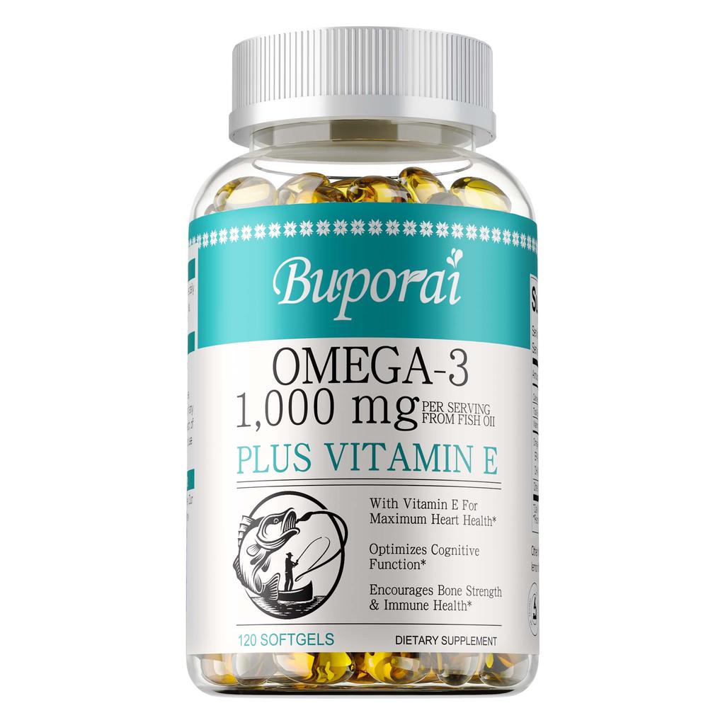 Omega-3 Deep Sea Fish Oil Softgels, containing natural Vitamin E, EPA, DHA, 1000mg, antioxidant, and immune-boosting.