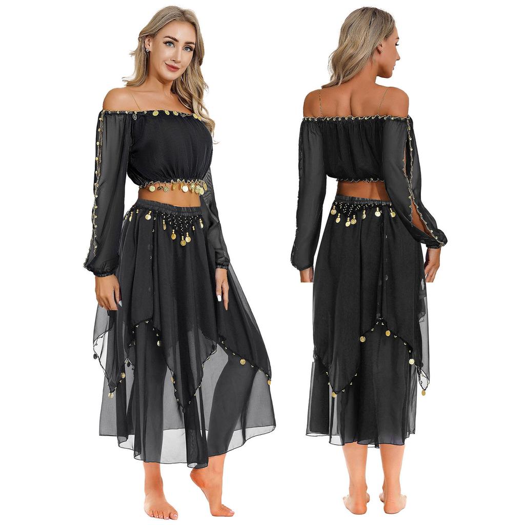 Женский костюм для танца живота с блестящими пайетками, укороченный топ с длинными рукавами-фонариками и шифоновая юбка