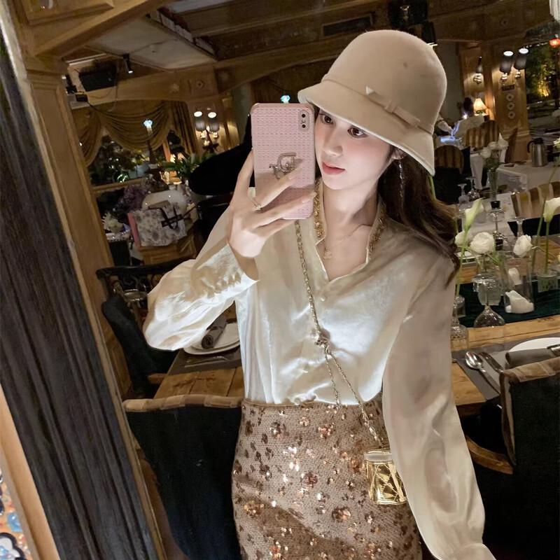 Women's Cream Apricot French Style Satin V-Neck Blouse