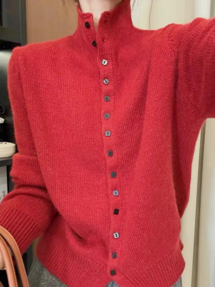 Elegant 100% Wool Stand Collar Sweater Cardigan for Women - Chic & Age-Reducing Style