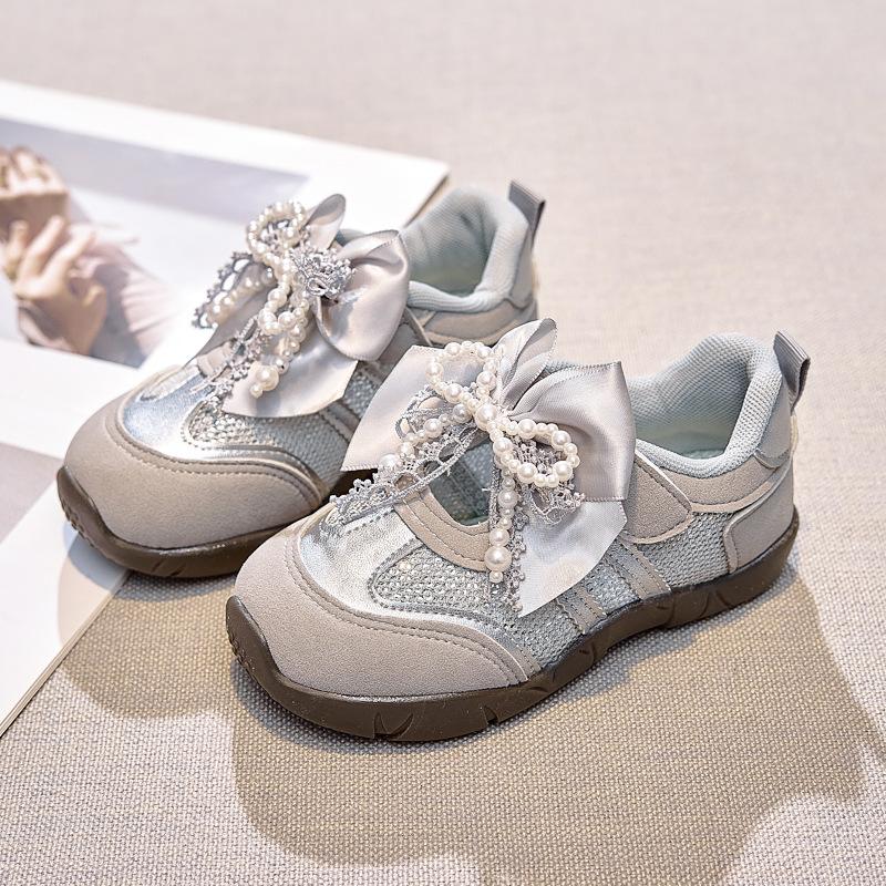 Girls' Sports Shoes 2025 Spring New Bow Pearl Princess Single Shoes Korean Version Children's Casual Breathable Mesh Shoes