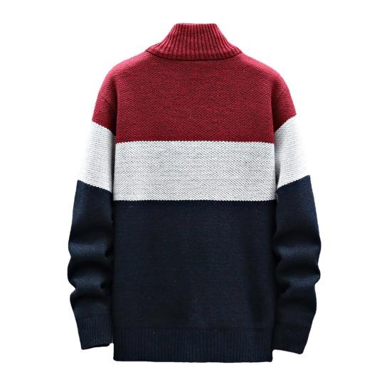 Men Autumn Winter Sweater Coat Stand Collar Thick Plush Color Matching Knitted Elastic