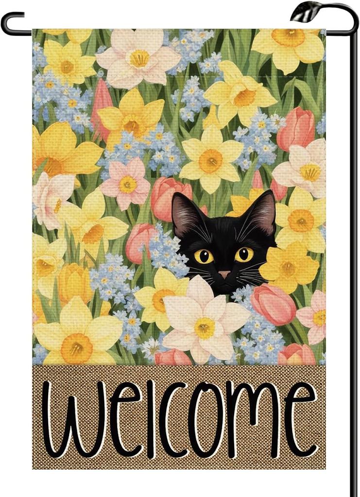 Spring Black Cat oral Garden ag 12x18 Inch Vertical Double Sided Seasonal Welcome Small ags Farmhouse Outside Decorati