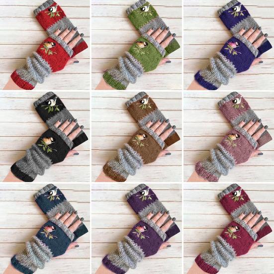 1 пара осенне-зимних перчаток без пальцев с вышивкой птиц, высокоэластичные, нескользящие, утеплители для рук