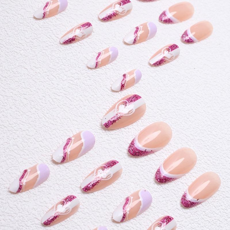 24Pcs water drop press-on nails with shiny heart patterns, sweet Valentine's Day style for daily wear.