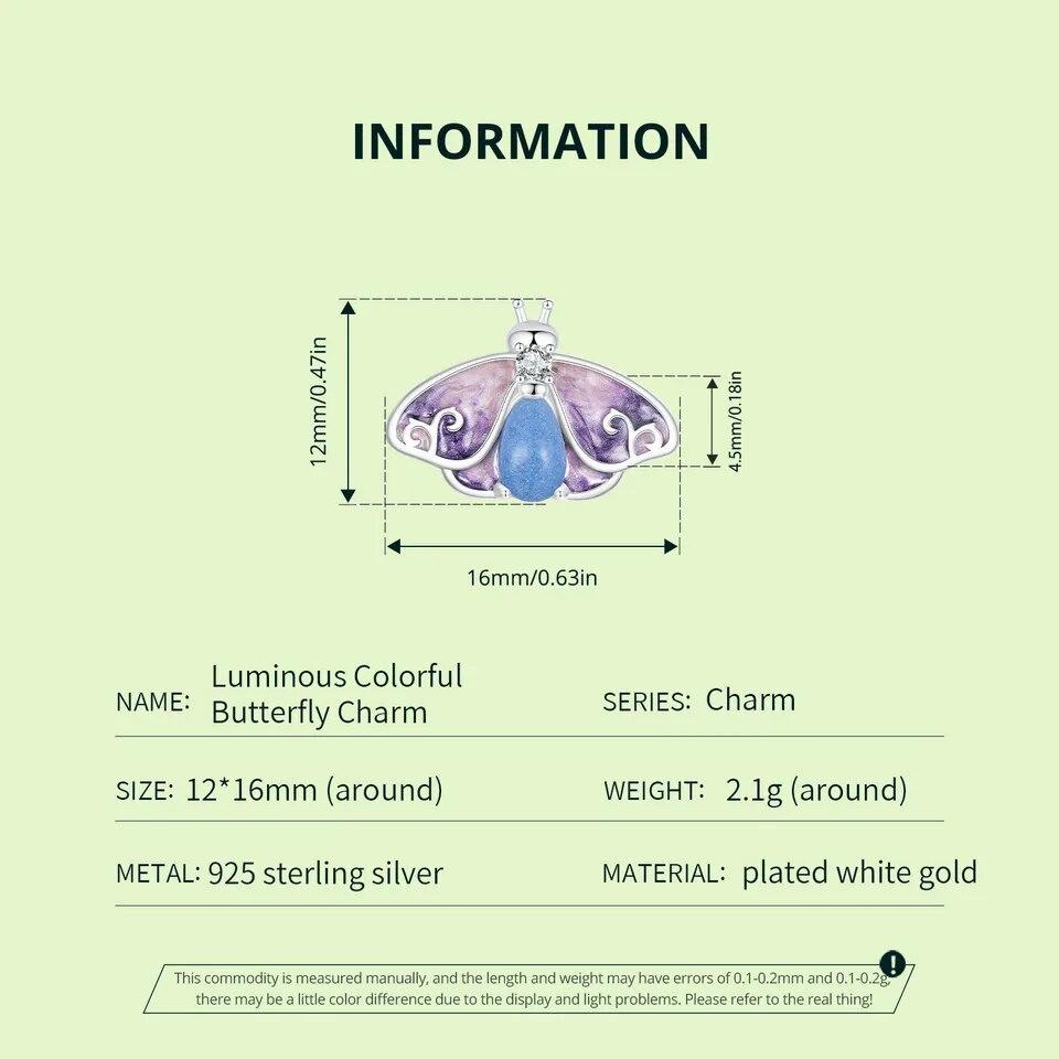 Bamoer 925 Sterling Silver Luminous Butterfly Beads Rainbow Enamel Insect Pendant Charms for Women Bracelet DIY Accessories