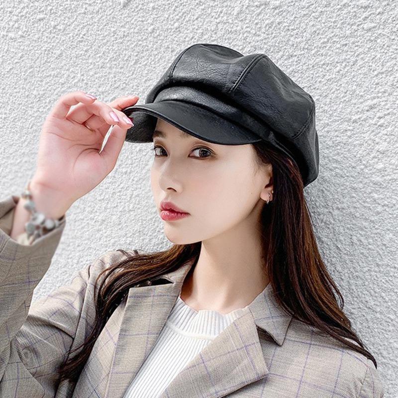 Berets Female Korean Version Small Pu Leather Caps Octagonal Caps