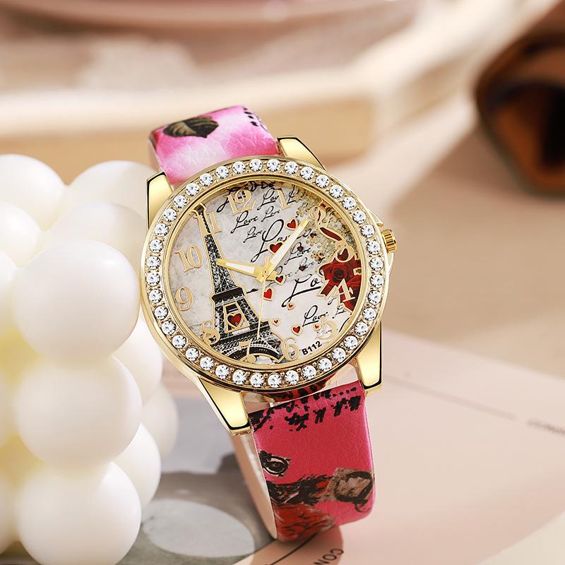 Snake Print Leather Belt Women's Watch with Eiffel Tower Design and Diamond Numerals