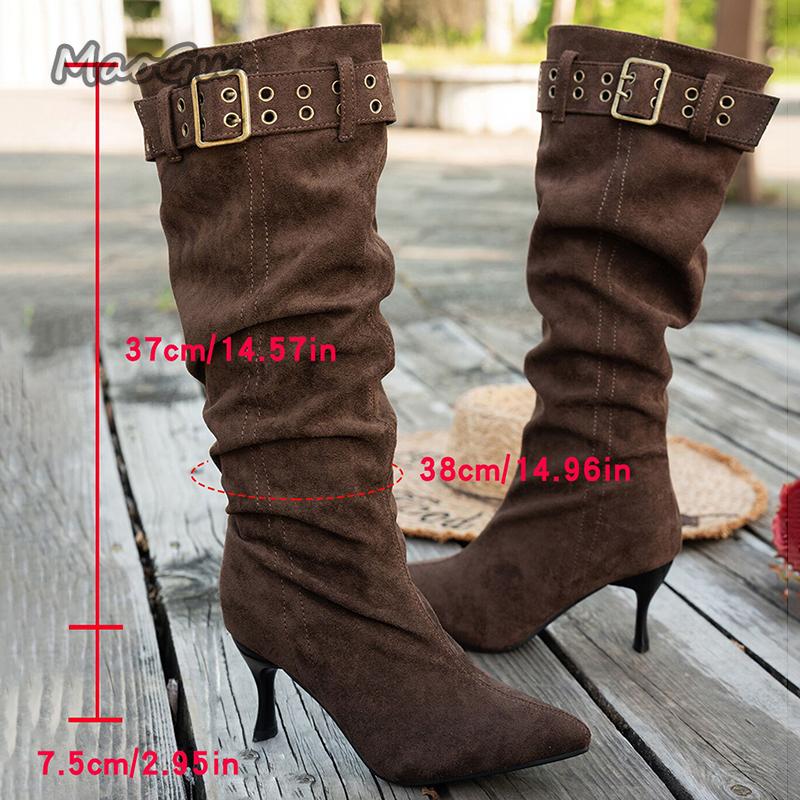 Модные ботфорты на высоком каблуке с ремешком с пряжкой для женщин, модные туфли для вечеринок с острым носком и каблуком-стилетом, женские ботфорты до колена с плиссированным дизайном