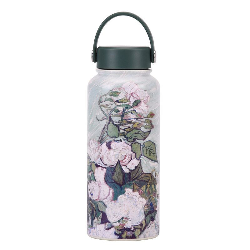 2025 New Model 1L Large Capacity Thermos Cup with Wide Mouth, Portable Handle, Sports Water Bottle, Outdoor Printed Water Cup for Women