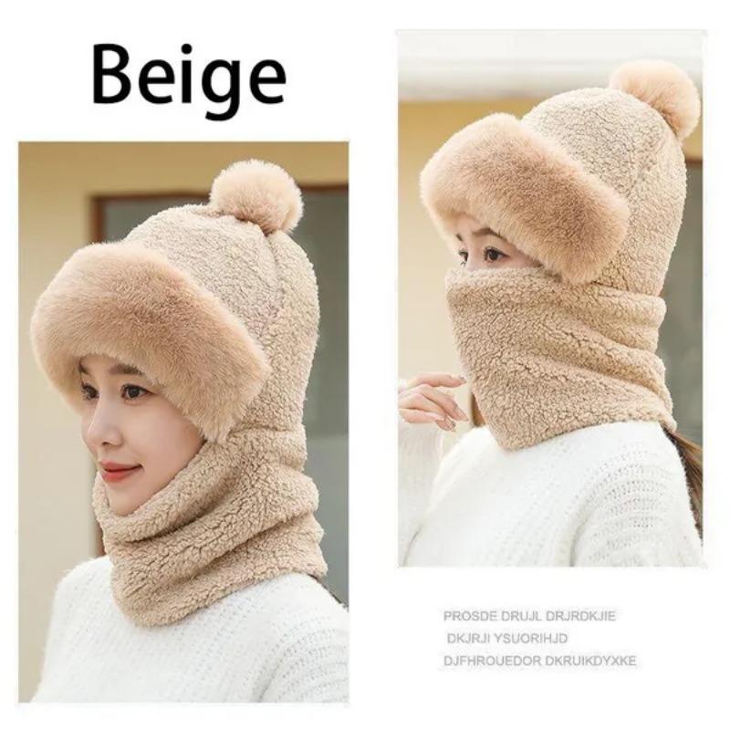 Winter Scarf Set Hooded Women's Plush Scarf Warm Hat Outdoor Ski Windproof Hat Thickened Plush Fluffy Woolen Hat