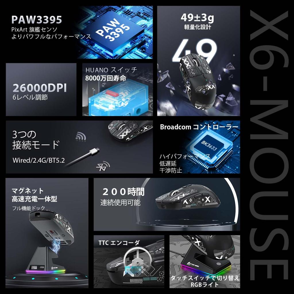 MAMBASNAKE x ATTACK SHARK X6 Ultra-Lightweight Gaming Mouse, 49g, PAW3395 Sensor, Wireless Mouse, 3-Mode Connection: 2.4GHzBluetoothType-C, 6-Level