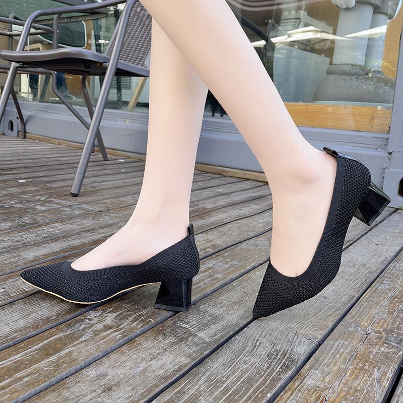 Женские туфли на большом каблуке 2024 года, новые туфли на высоком каблуке, вязаная дышащая резиновая нескользящая подошва, весенние и осенние туфли из латекса