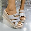 2024 Summer Fashion Open Toe Medium Heel Women's Slippers Hot Selling Solid Color Sequined Wedge Women's Beach Slippers