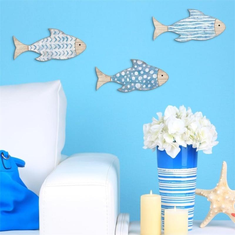 3Pieces Handcrafted Wooden Fish School Wall Hanging Sculpture Ornaments For Coastal Nursery Decors Beach Theme Design
