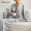 Hirsionsan Loose Long Sleeve Shirts and Drop Silky Pants Sets Women French Fashion Wide Leg Trousers Suits Female Causal Simple Outfits