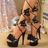 Summer Sandals Women Patent Leather Butterflies Wrap Around Lace Up 15cm Stiletto High Heels Party Nightclub Ladies Shoes