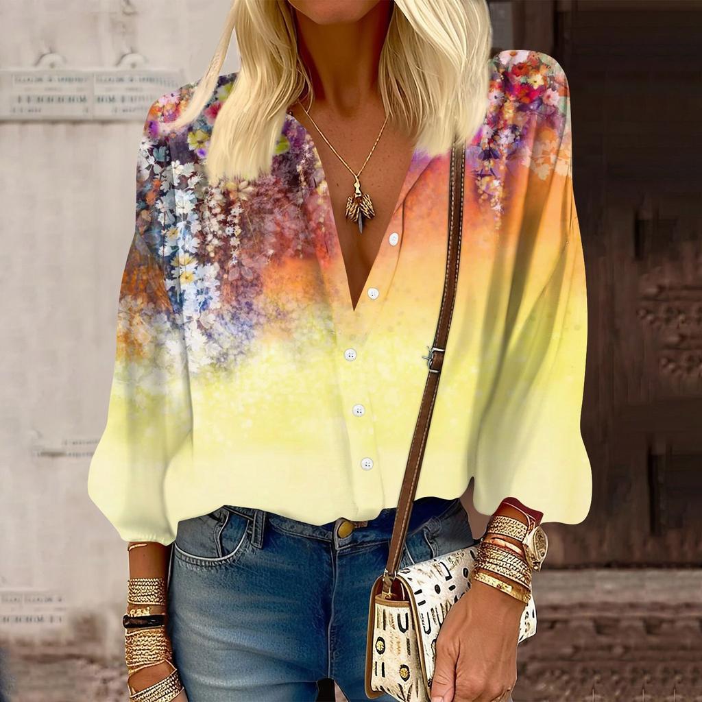 Женская рубашка, блузка с принтом на пуговицах, повседневный винтажный модный топ с круглым вырезом и рукавами 3/4