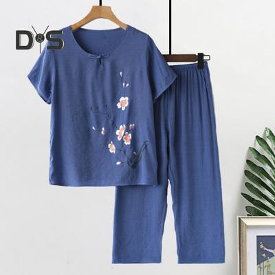 Комплект из двух частей из хлопка и льна для пожилых женщин, свободный цветочный топ с короткими рукавами и круглым вырезом, а также широкие брюки, повседневная домашняя одежда