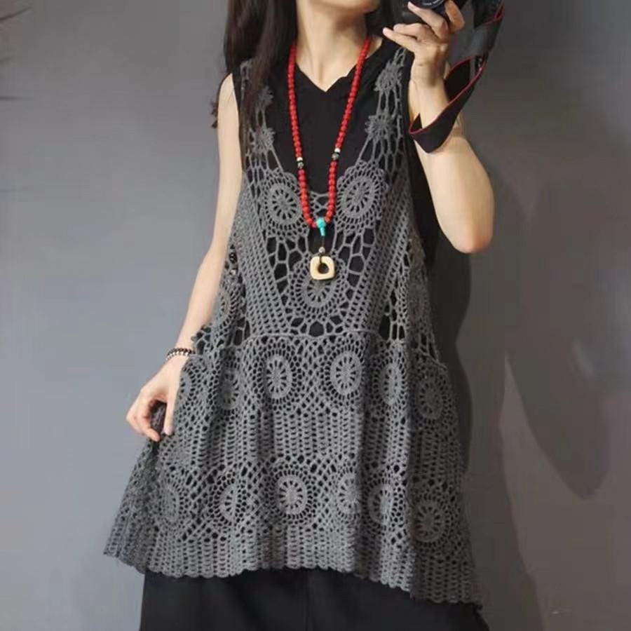 Женский длинный вязаный крючком жилет цвета хаки - Ретро свободный летний жилет