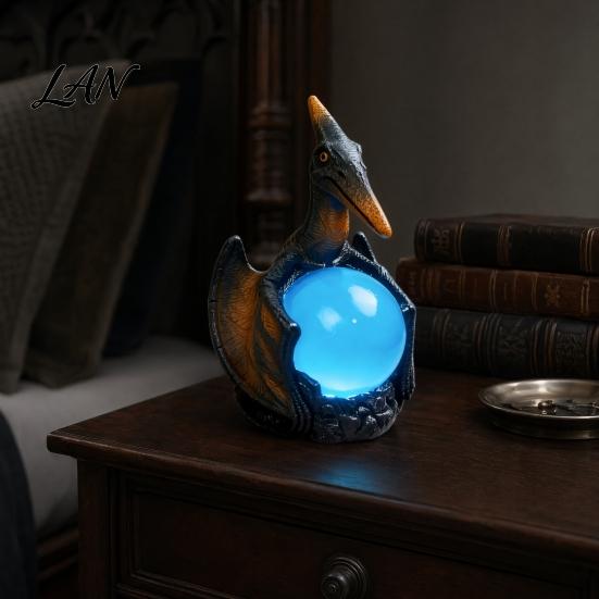 Magical Ambience Lamp Pterosaur Night Light, Resin Gothic Dragon Table with Glowing Faux Crystal Office Accent Lighting Ball, Fantasy Desk Decor