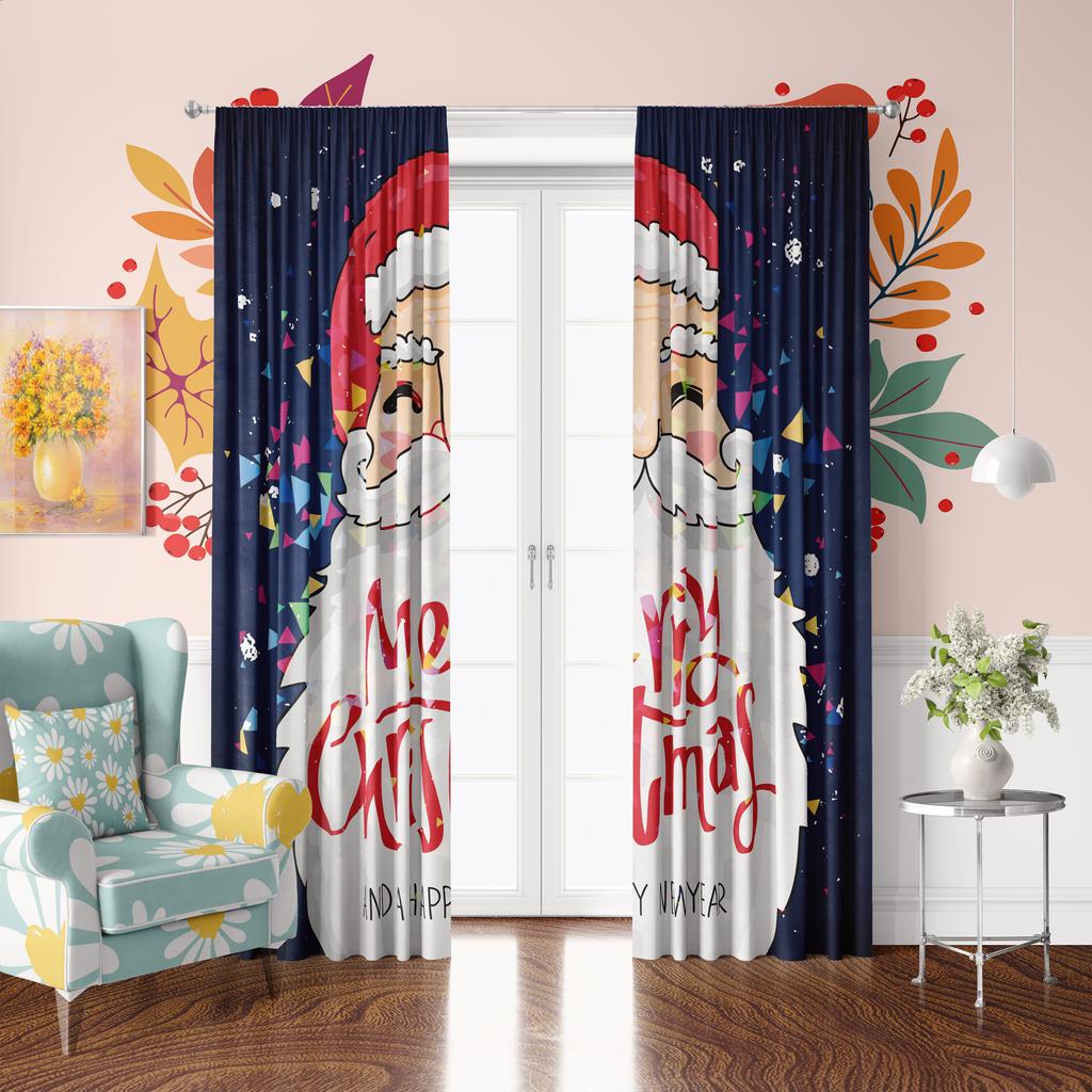 2 штуки - Занавеска с рождественским принтом Деда Мороза с белой бородой - Полиэстер - подходит для спальни, гостиной, кабинета,