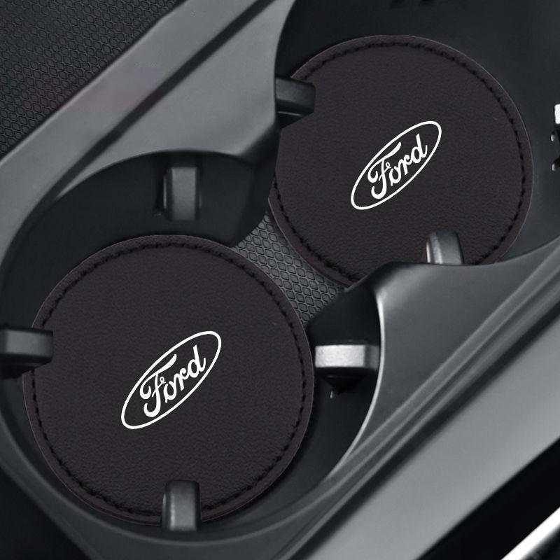 VEDB9 2PCS Car Non Slip Water Cup Pad Leather Coasters Mat For Ford ST Racing RS S Mustang Kuga Fiesta Fusion Mondeo Edge Ranger S-Max