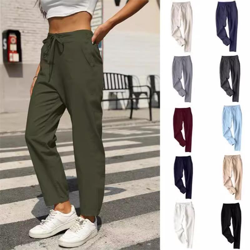 Casual Cotton Linen Drawstring Trousers For Women Comfortable Elastic Waist Long Pants Fashionable Lightweight Ladies Bottoms
