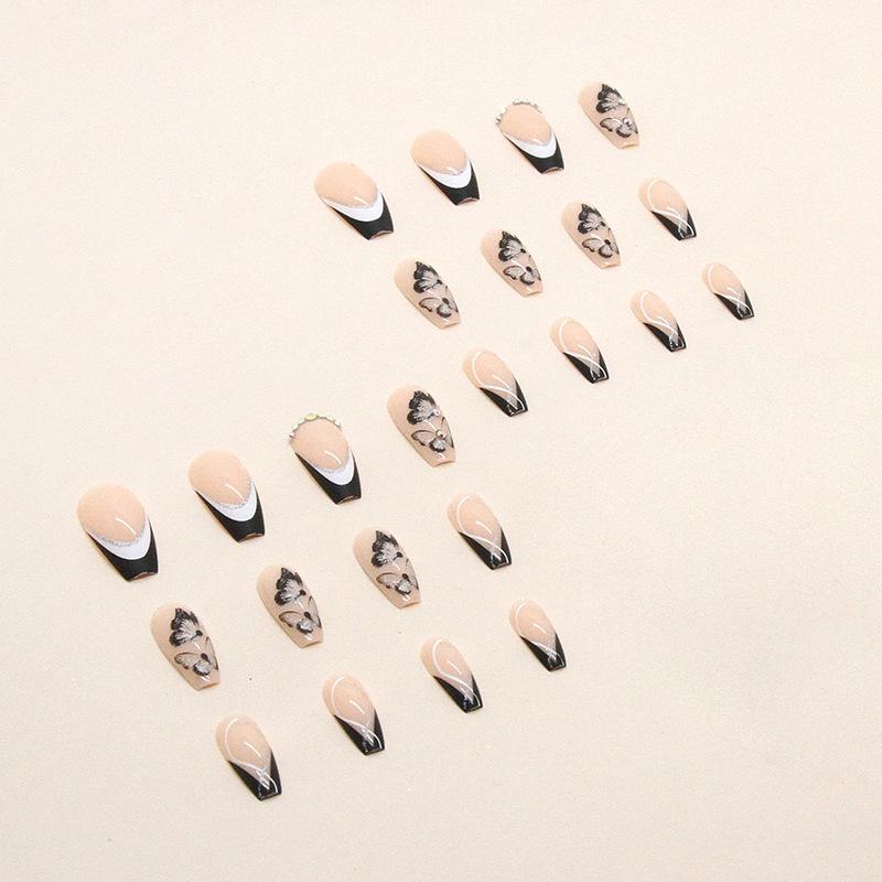 Artificial Nails Dark Sweet Cool Butterfly Wear Nail Simple French Nail Art Medium Long Diamond Style False Nail Black and White Color Matching Nail