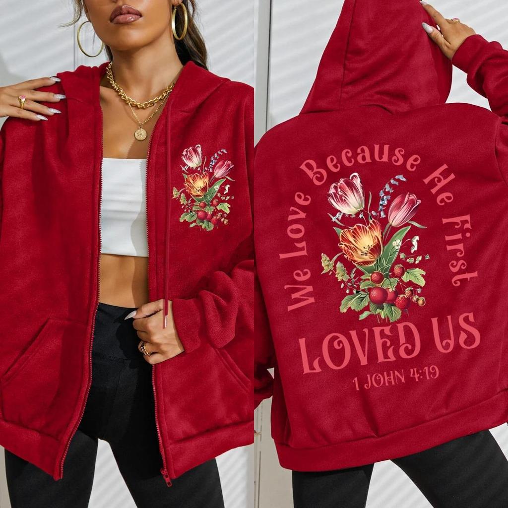 Любит нас Красивые Цветочные Принты Толстовка на Молнии Женская Свитшот Спортивная Одежда Винтажная Оверсайз Худи Флис Повседневная Мягкая Одежда