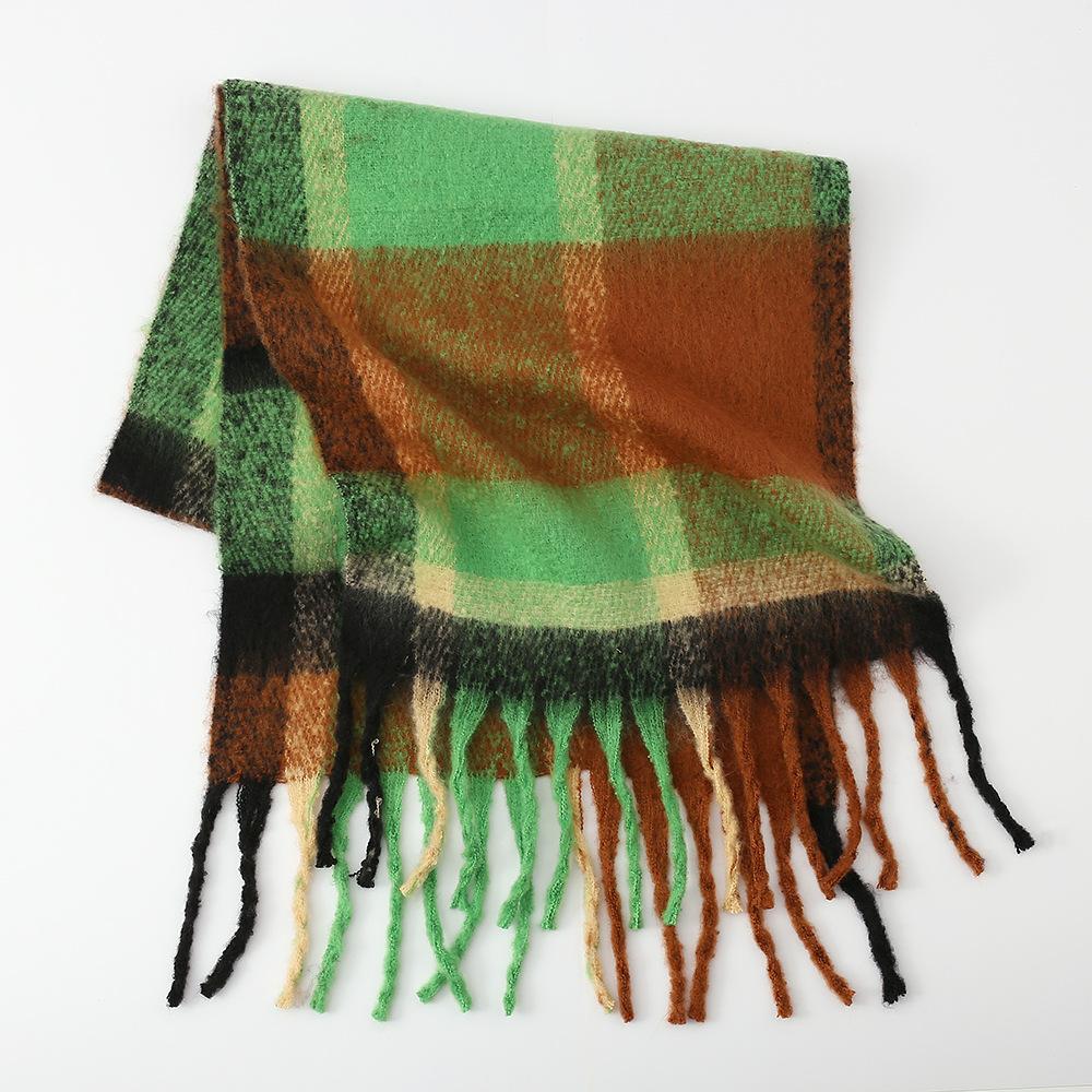 Autumn and Winter New Rainbow Plaid Imitation Cashmere Fringed Scarf Women's Mohair Enlarged Thick Shawl Warm Scarf