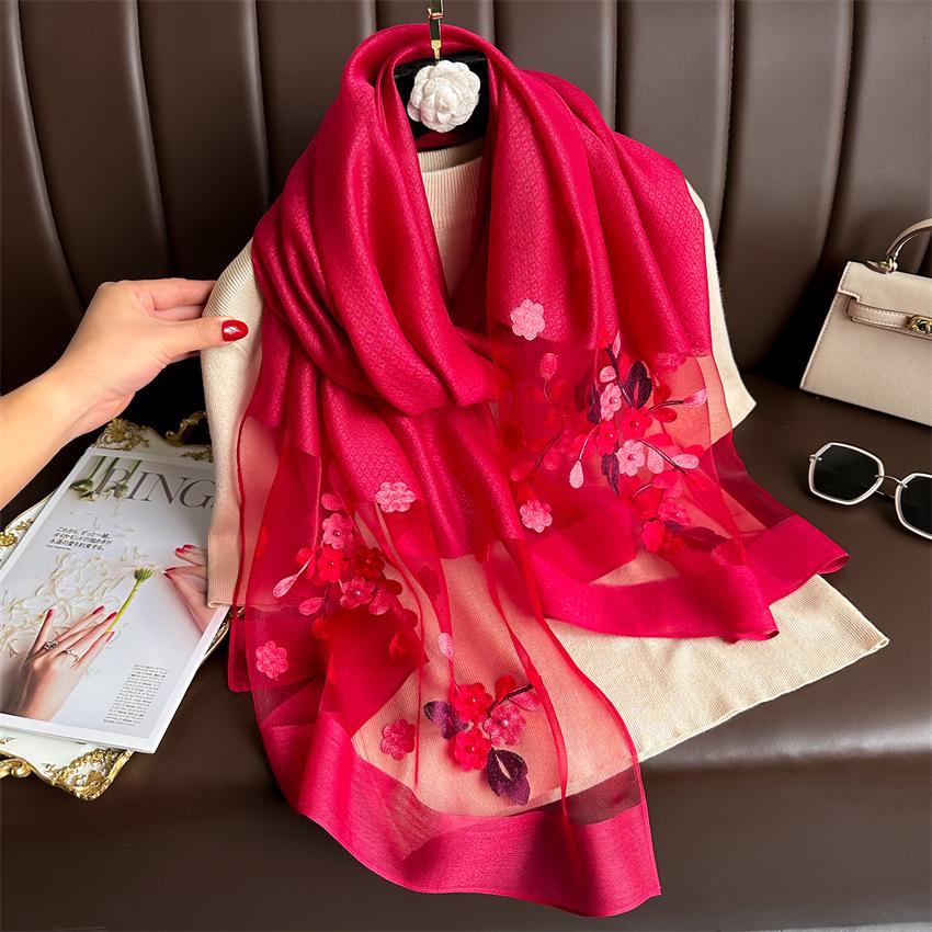 Elegant Silk Wool Embroidered Crabapple Flower Scarf - Double Layer, Thin, Large Shawl, Solid Color, All-Season Accessory.