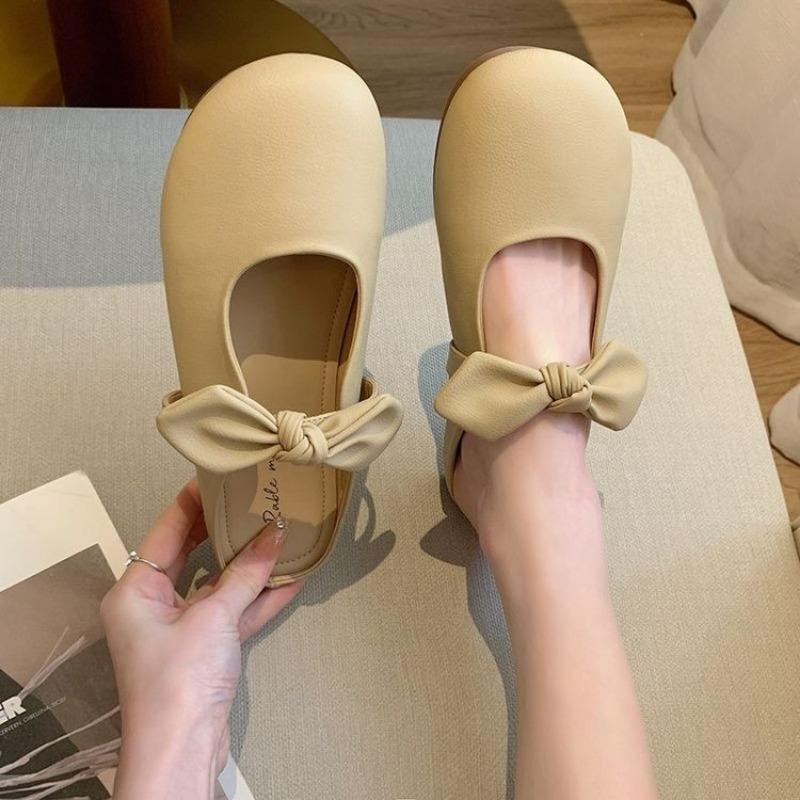 Модные тапочки Baotou с мягкой подошвой, летние новые туфли с круглым носком и бантом, полуподдерживающие одинарные туфли