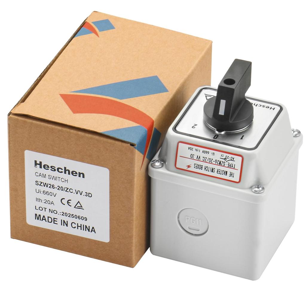 Heschen Universal Rotary Cam Selector 660V 12 CE with Master Switch Enclosure Switch, SZW26-20/ZC.VV.3D, 20A, ON-OFF-ON 3-Position, 3-Phase,