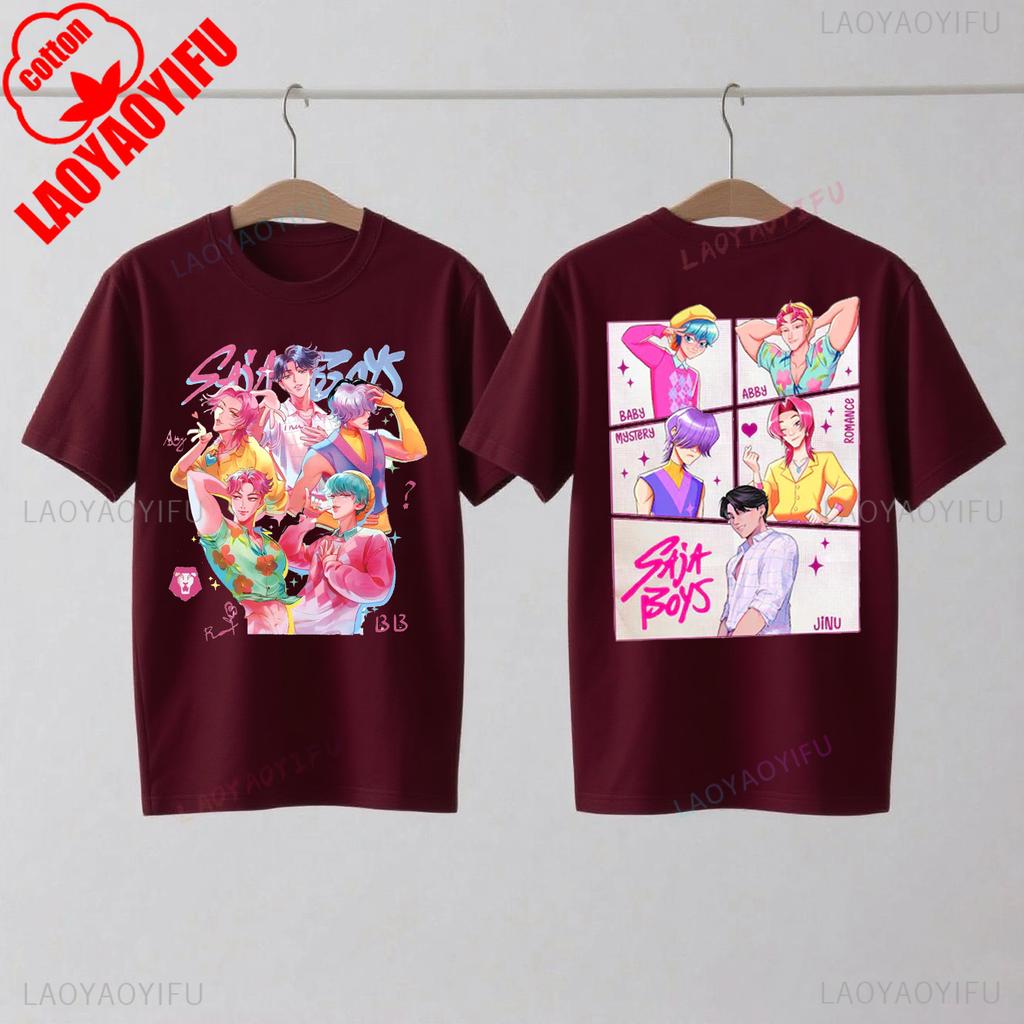 Saja Boys Kpop Охотники на демонов Двусторонняя хлопковая футболка Huntrix Мерч Охотника на демонов Футболки Jinu Saja Эбби Тайна Романтика Малыш Саджа