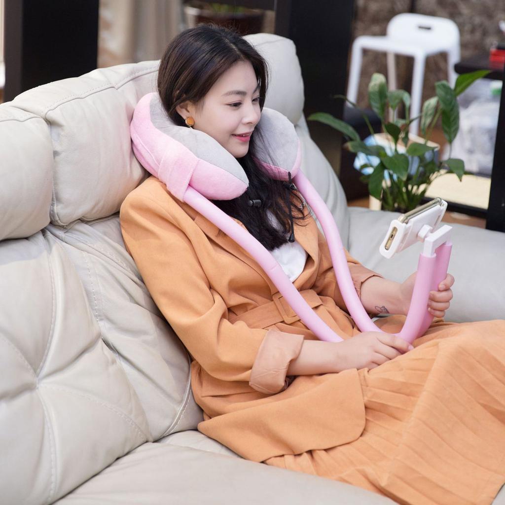 Neck Pillow Phone Holder U Shaped Pillow with Lazy Phone Bracket for Travel Office Light Pink Free Size