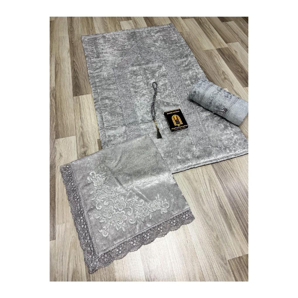 5 Piece Prayer Mat Set, Dowry Bundle Boxed, Velvet Laced Bride And Groom Set