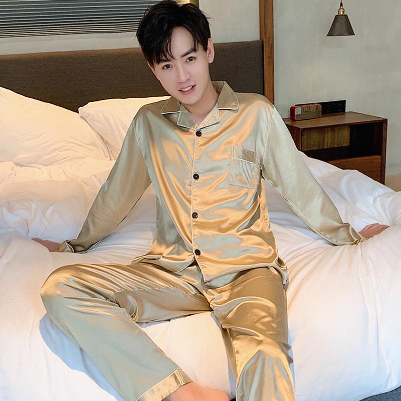 Весенне-осенняя мужская пижама с длинными рукавами из тонкого ледяного шелка, летний костюм из искусственного шелка для домашнего использования