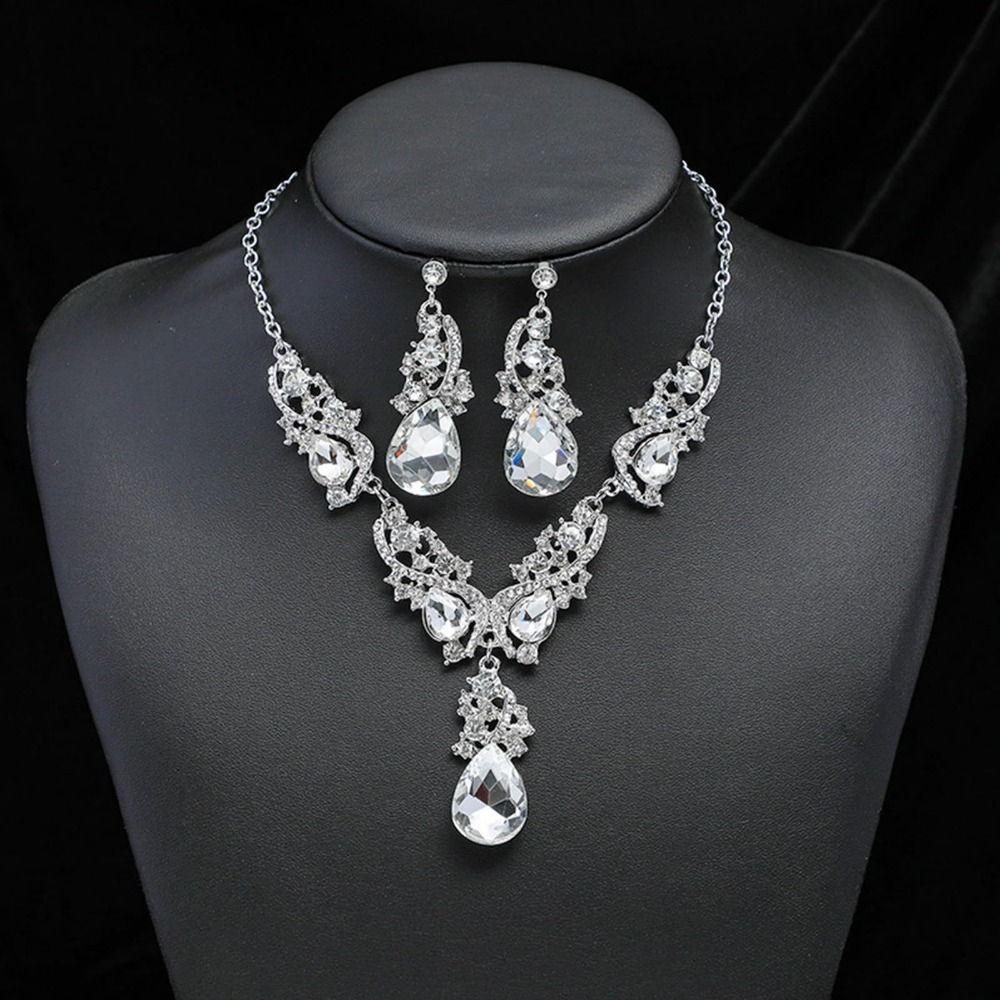 Exaggerated Rhinestone Jewelry Set Crystal Women's Necklace Water Drop Necklace Earrings Set  Women